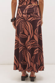 Printed asymmetrical midi skirt with gathered waistband, draped hi-lo hem, and front split in stretch modal jersey