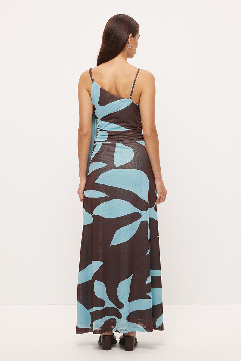 Strappy maxi dress in stretchy mesh with asymmetrical cowl neckline, plaited strap and long scarf in exclusive handcrafted print