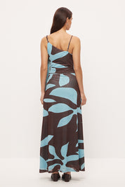 Strappy maxi dress in stretchy mesh with asymmetrical cowl neckline, plaited strap and long scarf in exclusive handcrafted print