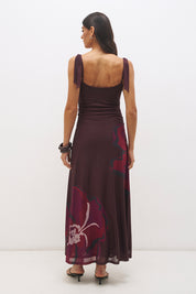 Strappy mesh midi dress with handcrafted placement print, cowl neckline, adjustable tie straps and A-line skirt