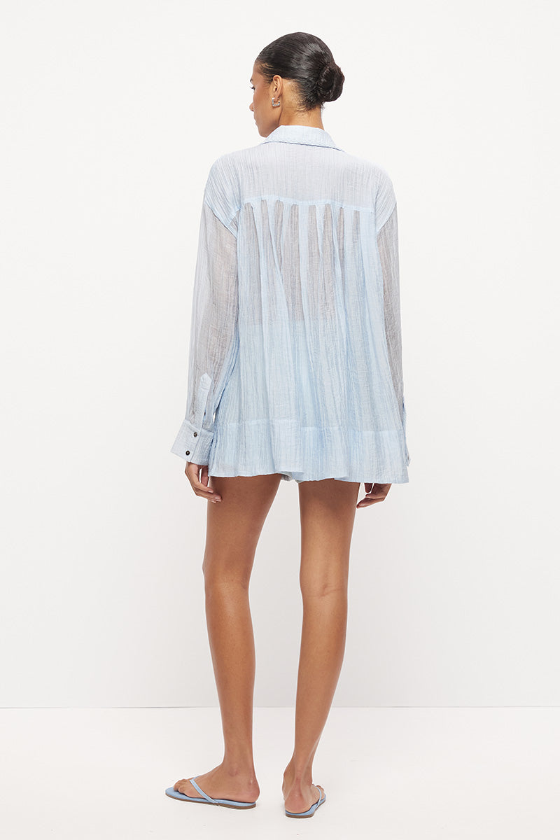 Oversized sheer crinkle long sleeve shirt with braided collar trim and knife pleated back