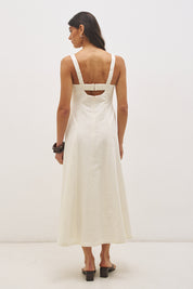 Linen blend strappy maxi dress with fit and flare silhouette, embroidered panels, scooped neckline and back cut-out detail