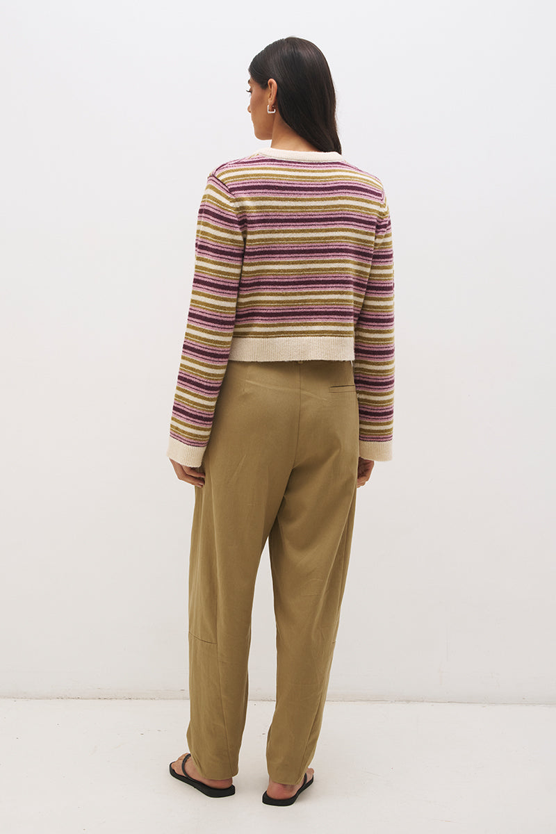 Relaxed fit striped knit cardigan with button front, contrast rib trim and wide sleeves in soft wool blend