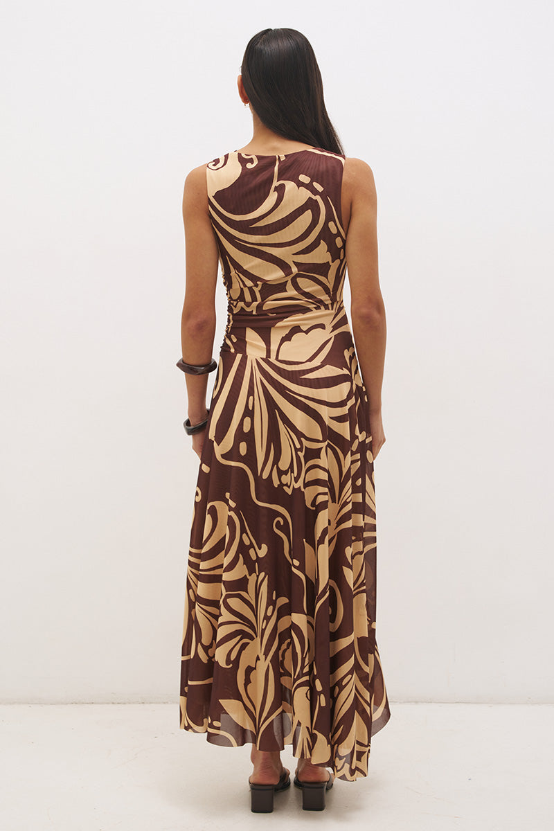 Sleeveless mesh midi dress with handcrafted print, cowl neckline, fit and flare silhouette, and hi-lo hem