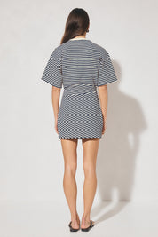 Striped bonded knit tee shirt mini dress with oversized fit, cinched waist, wide sleeves, and crew neckline