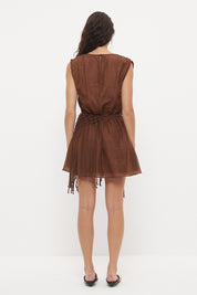 Sleeveless mini dress in sheer woven fabric with blouson bodice and tasseled scarf belt