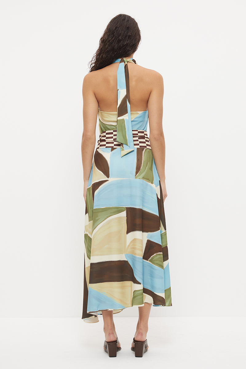 Halter neck maxi dress in sateen with cowled neckline and contrast wooden ring belt