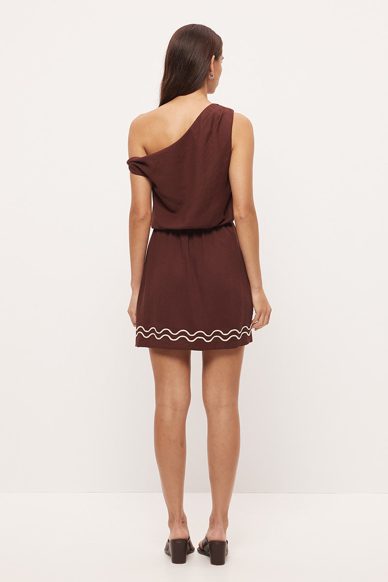 One-shoulder mini dress with blouson silhouette, twisted off-shoulder strap and cornelli embroidery