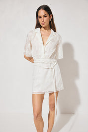 Semi-sheer embroidered mini shirt dress with V-neck notch collar, short sleeves, A-line skirt, and removable macramé waist belt