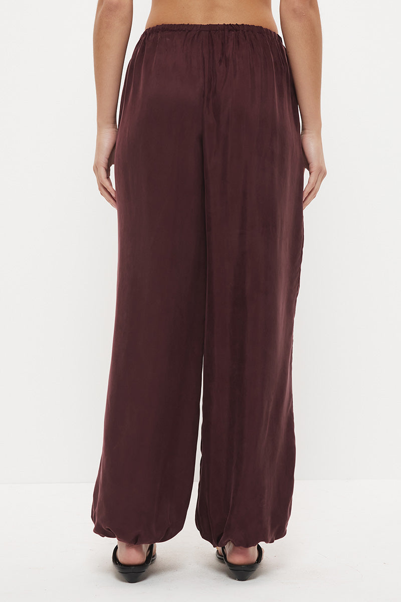Mid-rise relaxed fit straight leg pants in brushed cupro satin with drawcord waist