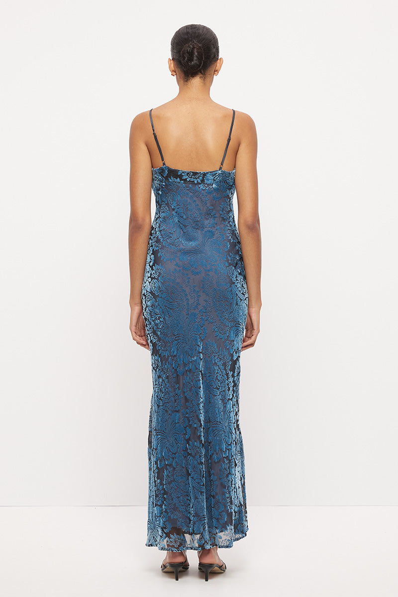 Bias cut maxi slip dress in devoré velvet with cowl neckline and contrast satin straps