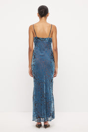 Bias cut maxi slip dress in devoré velvet with cowl neckline and contrast satin straps
