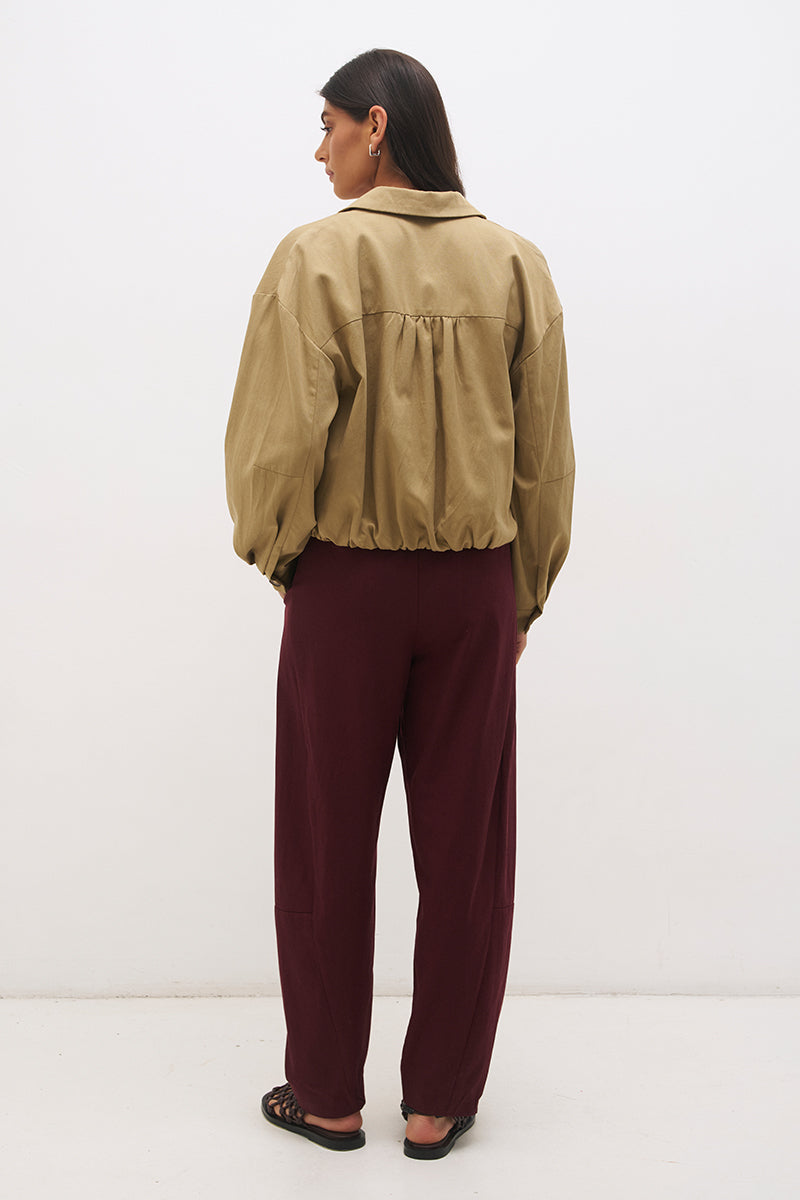 Cotton twill bomber jacket with balloon sleeves, patch pockets, drawcord hem and relaxed fit silhouette