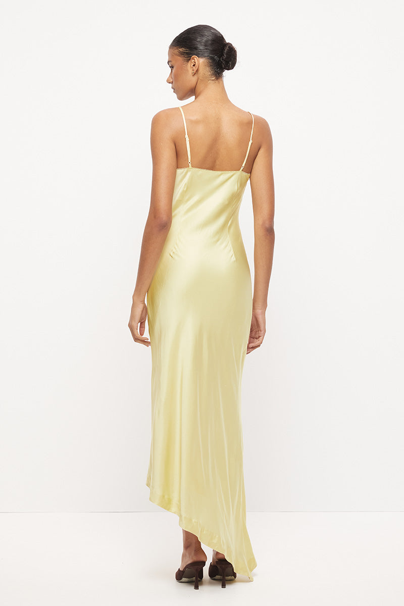Strappy bias-cut sateen maxi dress with scalloped asymmetrical neckline and beaded floral waist motif