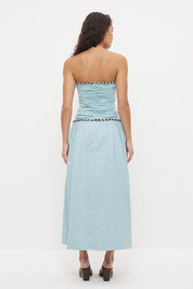 Strapless maxi dress in textured stretch cotton with two-tone fringed trim detail