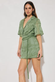 Semi-sheer embroidered mini shirt dress with V-neck notch collar, short sleeves, A-line skirt, and removable macramé waist belt