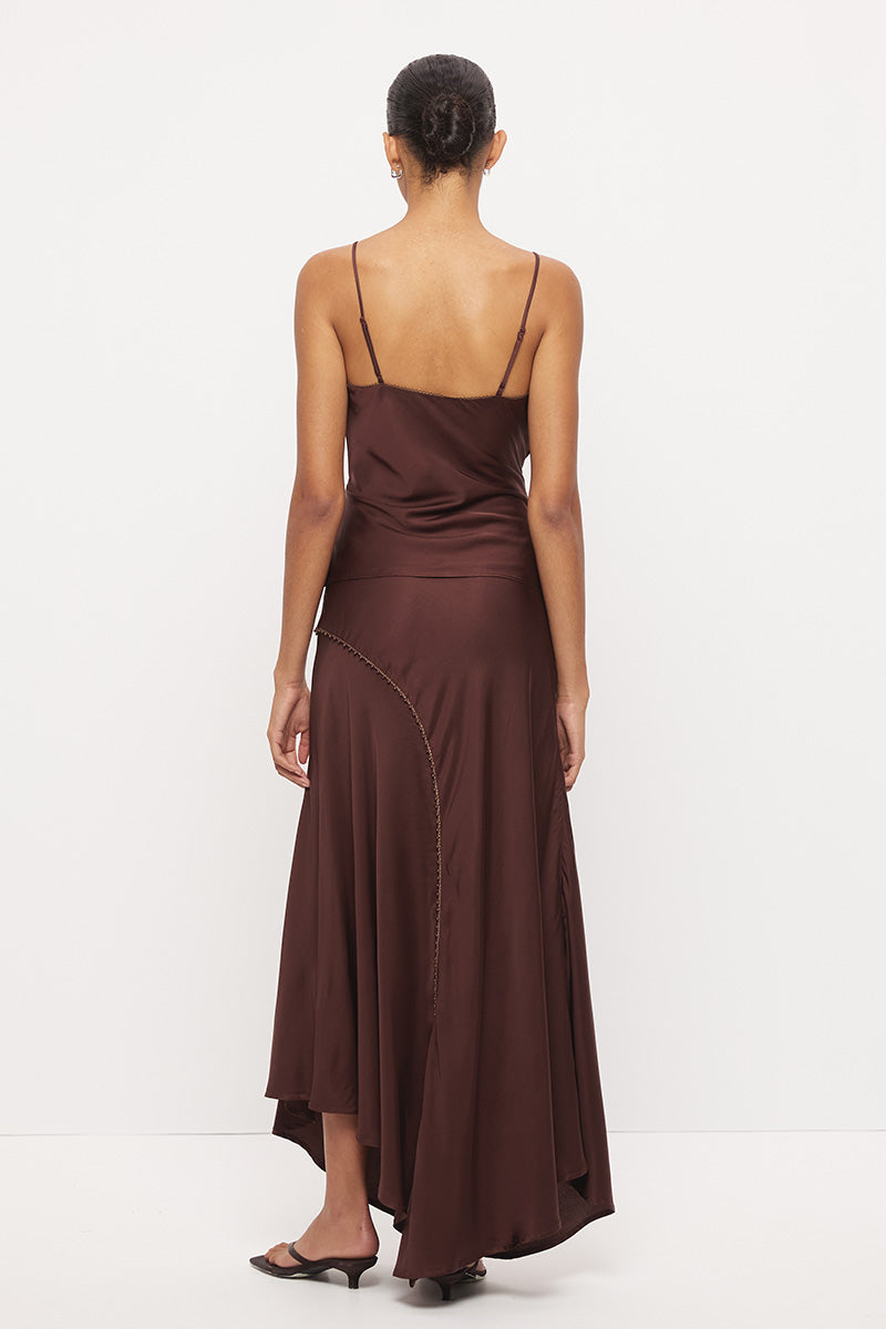 Bias-cut sateen camisole top with scalloped V-neckline, beaded tassel sash and adjustable straps