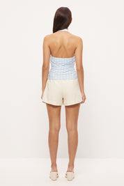 Fitted halter neck top in textured jacquard mesh with asymmetrical draped cowl neckline
