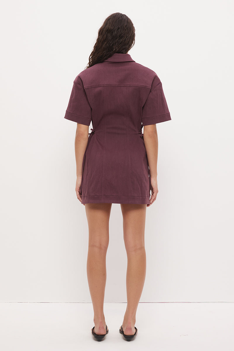 Denim shirt mini dress with utility style, chest patch pockets and convertible collar