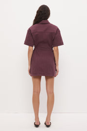 Denim shirt mini dress with utility style, chest patch pockets and convertible collar