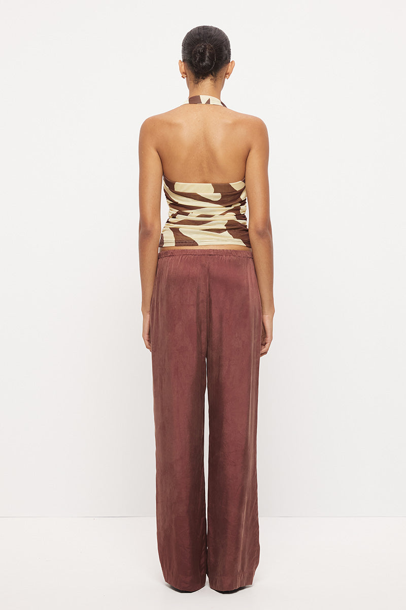 Fitted halter neck top in stretch mesh with asymmetrical draped cowl neckline in exclusive handcrafted print