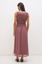 Sleeveless flocked polka dot mesh midi dress with ruched bodice, dropped waist, and fit and flare silhouette