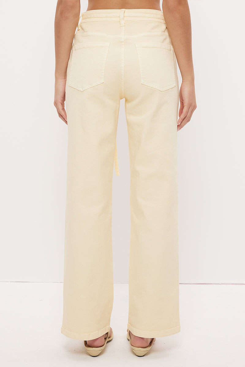 Mid-rise straight leg denim jeans with narrow waist tie and rivet detailing