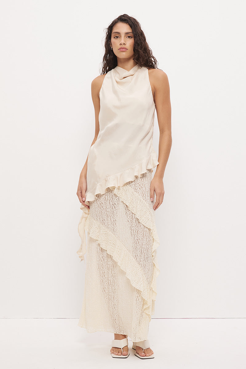Sheer mesh lace maxi skirt with A-line silhouette, flounced frill panels and lettuce hem finish