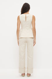 Sleeveless denim top with fit and flare silhouette, square neckline and circle cut flared hemline