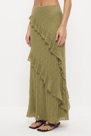 Sheer mesh lace maxi skirt with A-line silhouette, flounced frill panels and lettuce hem finish