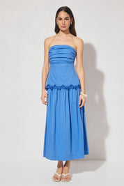 Strapless midi dress with scalloped embroidery, straight neckline, gathered bust, elasticated side panels, and full gathered fit-and-flare skirt