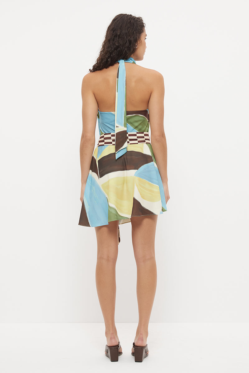 Halter neck mini dress in sateen with cowled neckline and contrast wooden ring belt