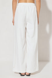 High-waisted textured woven straight-leg pants with ladder trim side panel and tailored waistband