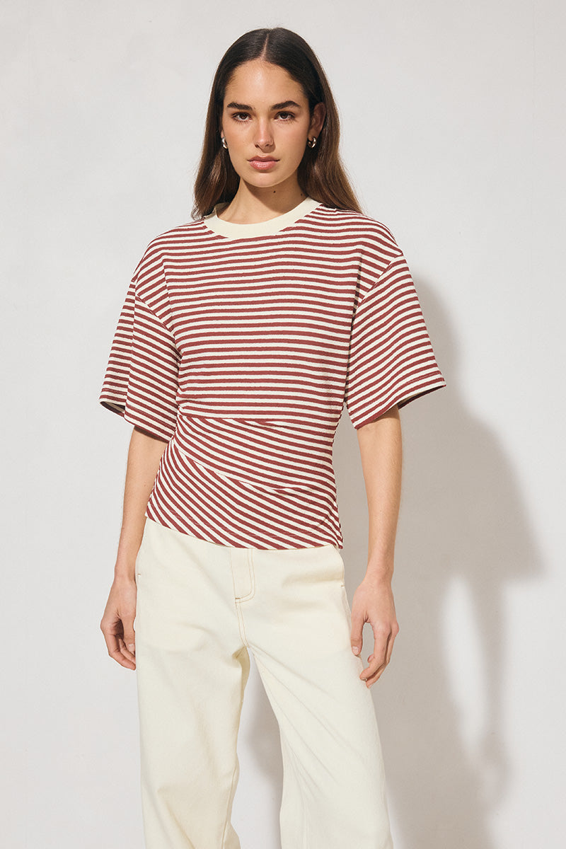 Striped bonded knit oversized women’s tee shirt with cinched waist, side splits, wide sleeves, and crew neckline