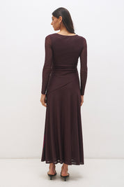 Long sleeve mesh maxi dress with handcrafted placement print, boat neckline, sheer sleeves and flowing skirt