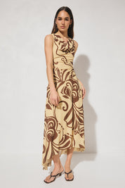  Sleeveless mesh midi dress with handcrafted print, cowl neckline, fit and flare silhouette, and hi-lo hem