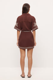 Embroidered mini shirt dress in linen blend with blouson silhouette, cornelli embroidery and rope waist tie