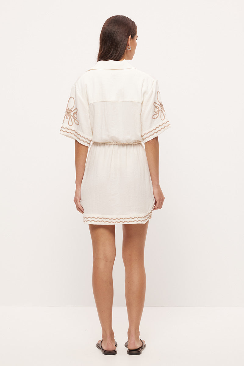 Embroidered mini shirt dress in linen blend with blouson silhouette, cornelli embroidery and rope waist tie