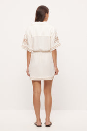 Embroidered mini shirt dress in linen blend with blouson silhouette, cornelli embroidery and rope waist tie