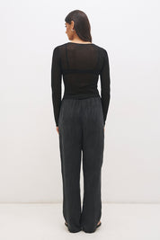 Semi sheer knitted long sleeve top with floral appliqué, jewel neckline and skimming fit