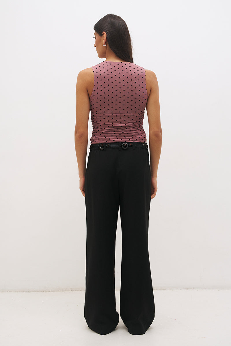 Rosewood and black sleeveless flocked polka dot mesh midi dress with plunging V-neckline, empire seam and A-line skirt
