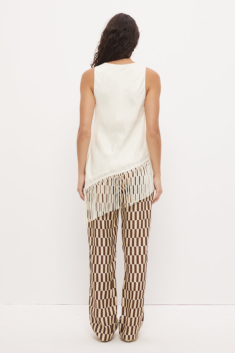 Sleeveless bias-cut longline top in brushed woven fabric with cowl neckline and macrame tassel hem