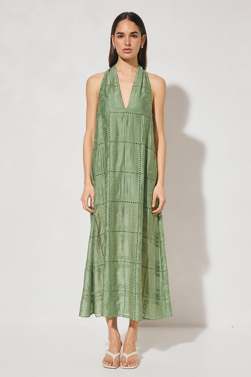 ELOWEN Halter Midi Dress in semi-sheer embroidered fabric with V-neck halter neckline, A-line swing silhouette, and removable macramé waist belt