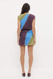 Sleeveless mini dress with cowl neckline, blouson bodice and exclusive handcrafted print – lightweight stretchy mesh