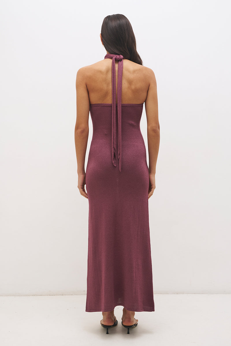 Knitted halter neck maxi dress with floral appliqué, turtleneck band, bodycon bodice and fit and flare skirt