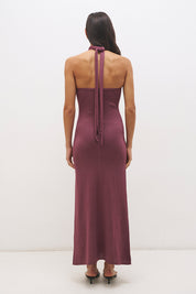 Knitted halter neck maxi dress with floral appliqué, turtleneck band, bodycon bodice and fit and flare skirt