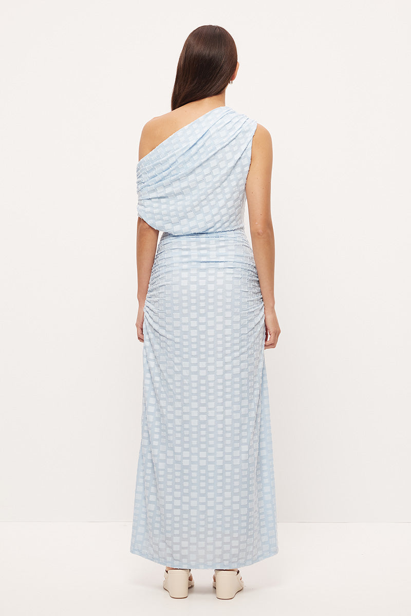 One-shoulder maxi dress in textured jacquard mesh with draped neckline and ruched hip drawcord