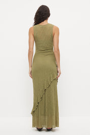 Sheer mesh lace midi dress with fit and flare silhouette, waist ruching and flounced frill hem