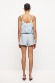 Cropped camisole top in semi-sheer floral applique with bubble hem and wide scooped neckline