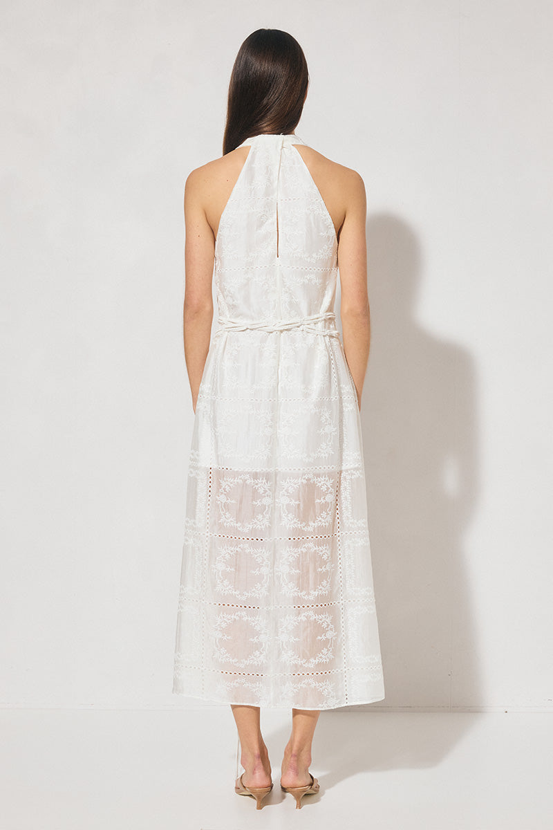 ELOWEN Halter Midi Dress in semi-sheer embroidered fabric with V-neck halter neckline, A-line swing silhouette, and removable macramé waist belt